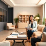 Real Estate agent assists clients in a welcoming office setting featuring house listings.