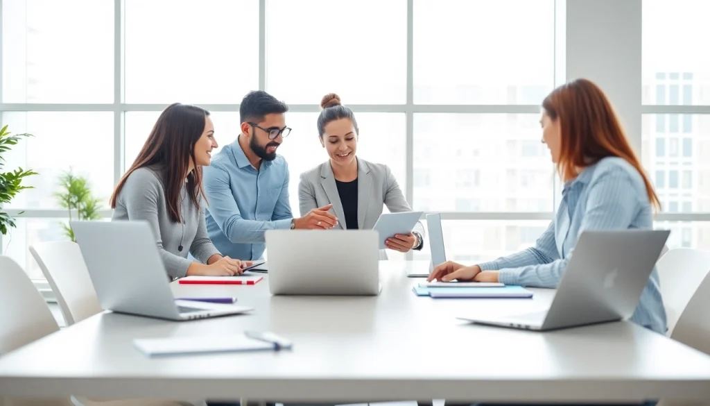 Agency team collaborating in a modern office, showcasing teamwork and productivity.