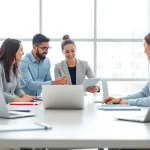 Agency team collaborating in a modern office, showcasing teamwork and productivity.