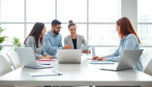 Agency team collaborating in a modern office, showcasing teamwork and productivity.