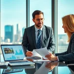 Engaged real estate broker discussing property options with clients in a modern office.
