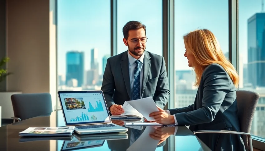 Engaged real estate broker discussing property options with clients in a modern office.