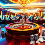 Experience the excitement of gambling at 188bet link with poker tables and a roulette wheel in a luxurious casino atmosphere.