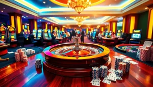 Experience the excitement of gambling at 188bet link with poker tables and a roulette wheel in a luxurious casino atmosphere.