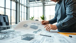 Engineer reviewing detailed plans for a steel structure design in a professional office setting.