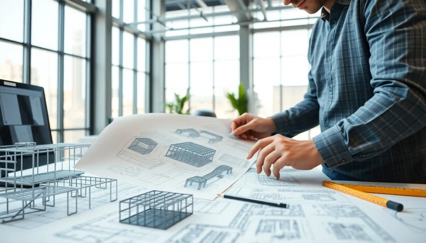 Engineer reviewing detailed plans for a steel structure design in a professional office setting.