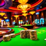 Experience the excitement of gambling with 'ดูบอลสด 68' in a luxurious casino atmosphere filled with vibrant tables and neon lights.