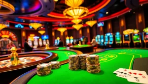 Experience the excitement of gambling with 'ดูบอลสด 68' in a luxurious casino atmosphere filled with vibrant tables and neon lights.