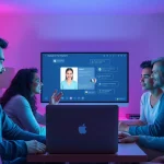 Engaging scene of diverse individuals interacting with an AI chatbot about sex AI.