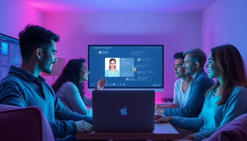 Engaging scene of diverse individuals interacting with an AI chatbot about sex AI.