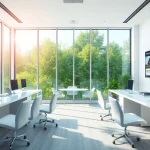 Engage with real estate listings in a professional office setting, showcasing vibrant atmosphere and trust.