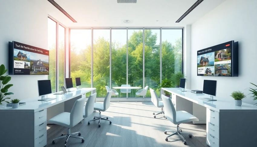 Engage with real estate listings in a professional office setting, showcasing vibrant atmosphere and trust.