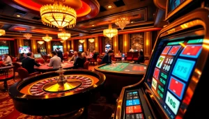 Experience the excitement of New66 with players engaging at casino tables and vibrant slot machines.