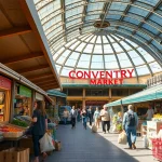 The lively atmosphere of Coventry Market Shopping Centre, showcasing fresh food and community spirit.