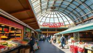 The lively atmosphere of Coventry Market Shopping Centre, showcasing fresh food and community spirit.
