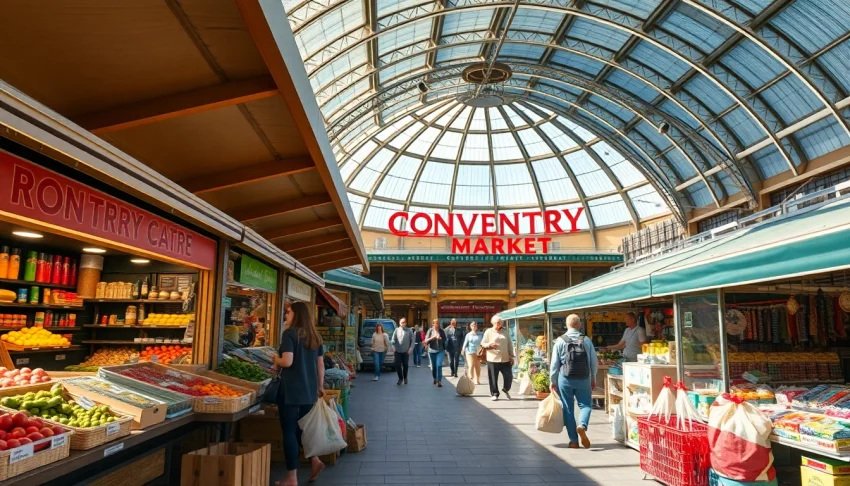 The lively atmosphere of Coventry Market Shopping Centre, showcasing fresh food and community spirit.