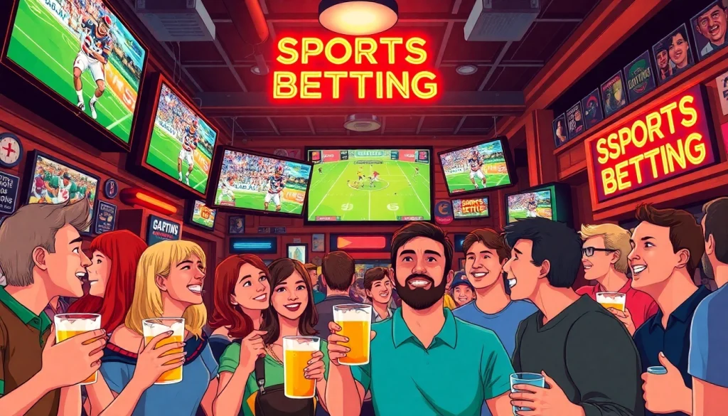 Friends celebrating while watching sports betting in Georgia at a lively sports bar.