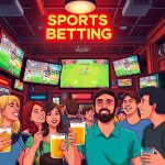 Friends celebrating while watching sports betting in Georgia at a lively sports bar.