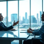 Engaging business coach near me helping a client in a bright, modern office.
