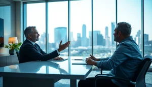 Engaging business coach near me helping a client in a bright, modern office.