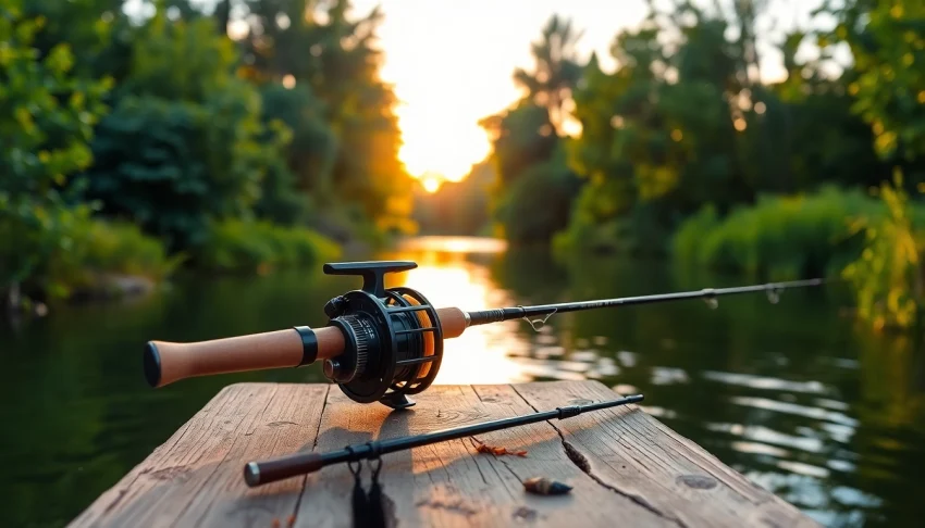 Experience the versatility of a fly fishing combo set against a picturesque river backdrop.