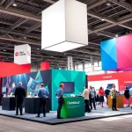 Engaging trade show booth with vibrant displays attracting attendees.
