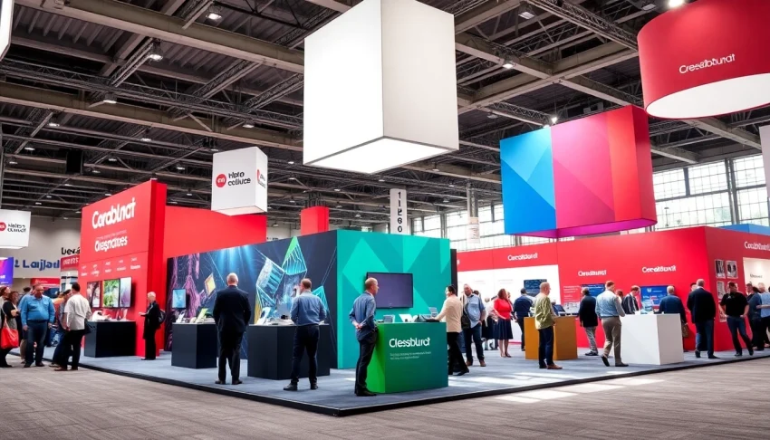 Engaging trade show booth with vibrant displays attracting attendees.