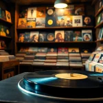 Buy vinyl India: A cozy vintage vinyl record shop with diverse records and warm lighting.