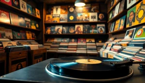 Buy vinyl India: A cozy vintage vinyl record shop with diverse records and warm lighting.