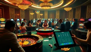 Playing cards and roulette in a luxurious casino scene highlighting the okbay app for digital betting.