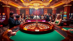 Players enjoying a thrilling game at UU88's luxurious casino table, surrounded by vibrant betting excitement.