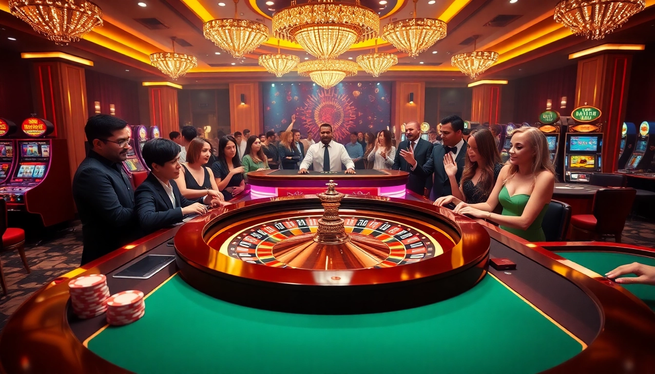 Players enjoying a thrilling game at UU88's luxurious casino table, surrounded by vibrant betting excitement.