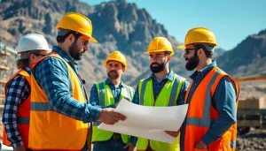 Construction association Wyoming workers collaborating on-site, showcasing teamwork and professionalism.