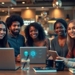 Individuals discussing sex ai in a modern café, showcasing technology's role in intimacy.