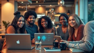 Individuals discussing sex ai in a modern café, showcasing technology's role in intimacy.