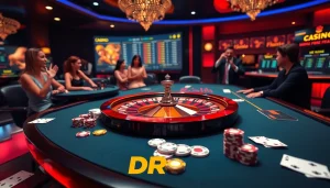 DR88 nhà cái casino offers an exciting online gaming atmosphere with a sleek roulette wheel and vibrant poker chips.