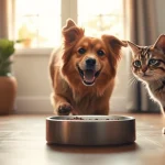 WOPET automatic pet feeder with a happy dog and cat engaging in a cozy home setting.