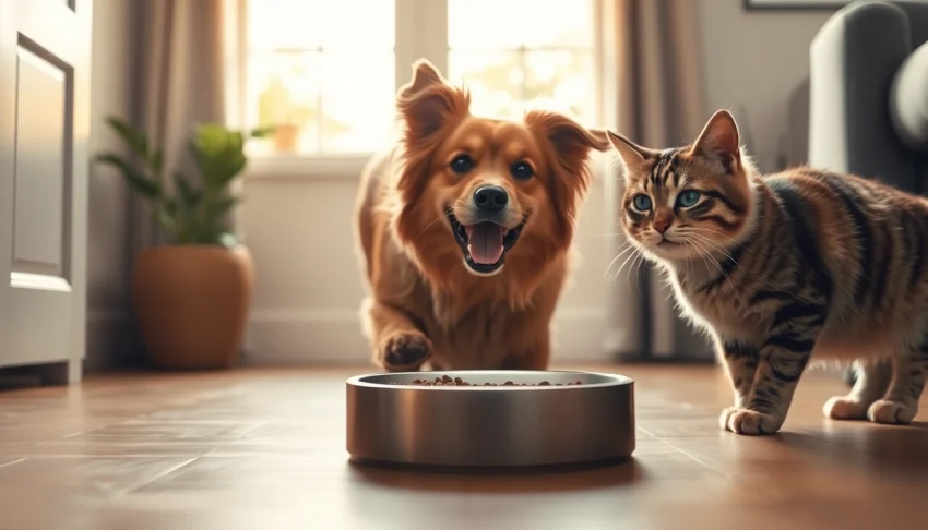 WOPET automatic pet feeder with a happy dog and cat engaging in a cozy home setting.
