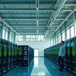 Cloud crypto mining facility showcasing renewable energy sources and advanced technology.