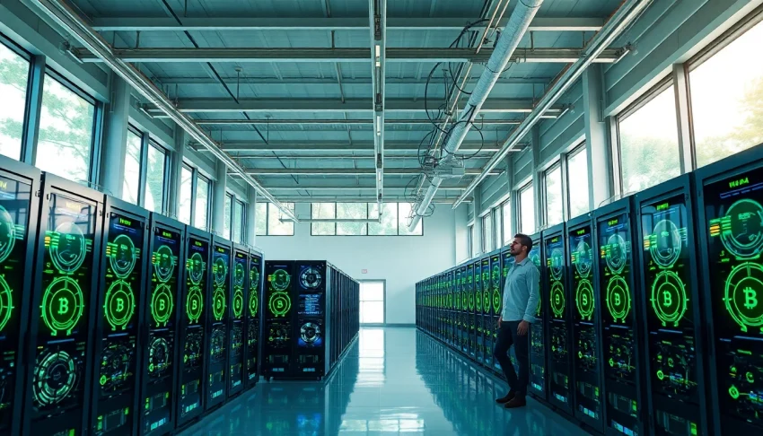 Cloud crypto mining facility showcasing renewable energy sources and advanced technology.