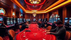 F168 players enjoying high-stakes poker in a stunning casino environment.