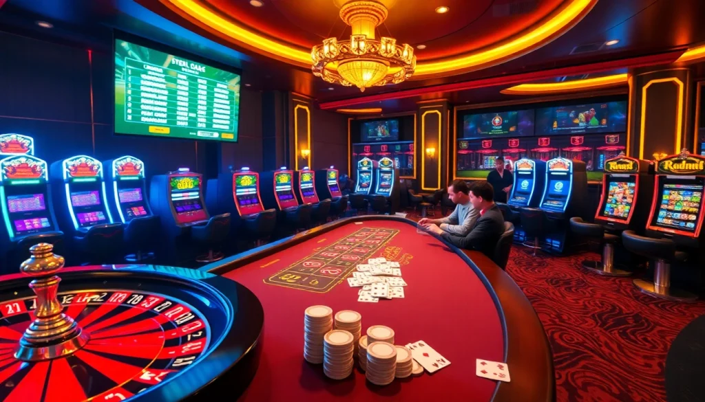 Experience the thrill of betting at 5GBET with a vibrant casino scene showcasing poker, roulette, and slots.