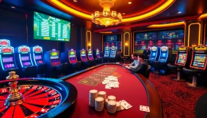 Experience the thrill of betting at 5GBET with a vibrant casino scene showcasing poker, roulette, and slots.