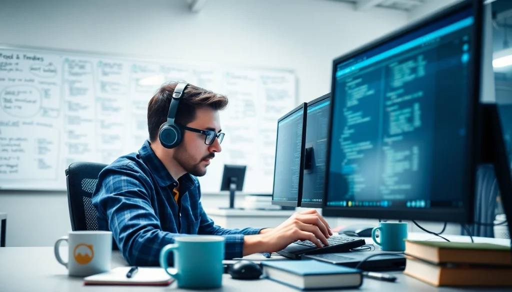 Hire .Net Full-stack developers showcasing programming skills in a modern office environment.