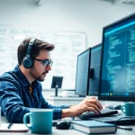 Hire .Net Full-stack developers showcasing programming skills in a modern office environment.