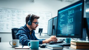 Hire .Net Full-stack developers showcasing programming skills in a modern office environment.