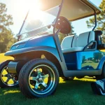 Custom golf cart parked on a golf course under bright sunlight, showcasing its vibrant design and golf accessories.