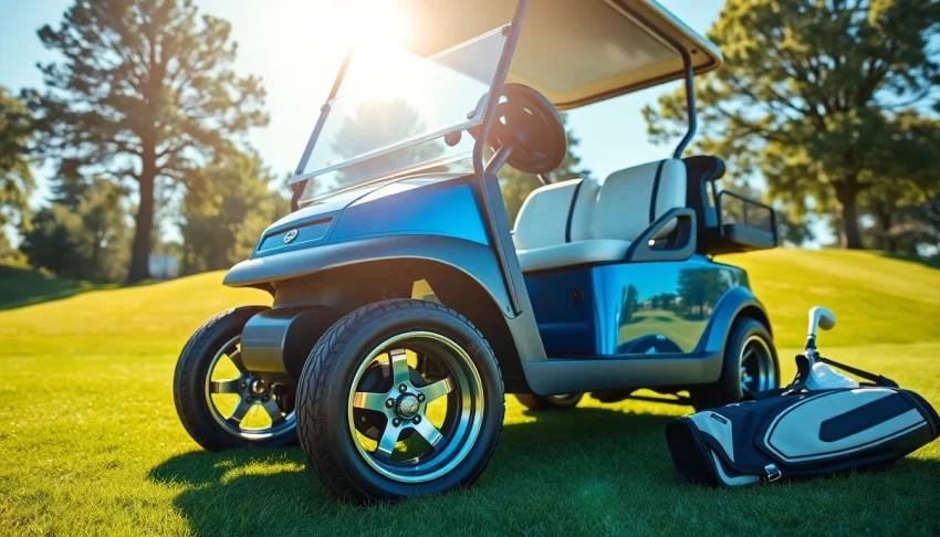 Custom golf cart parked on a golf course under bright sunlight, showcasing its vibrant design and golf accessories.