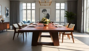 Showcasing a luxurious Custom dining table in an elegant modern dining room with floral centerpiece