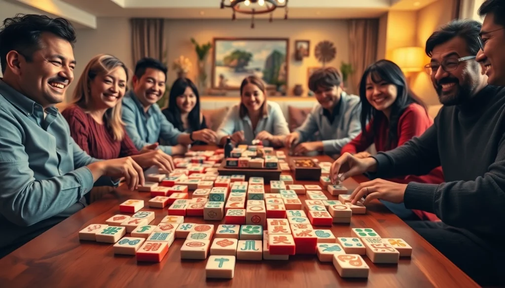 Mahjong set in an exciting game night with diverse players marking engaging moments.